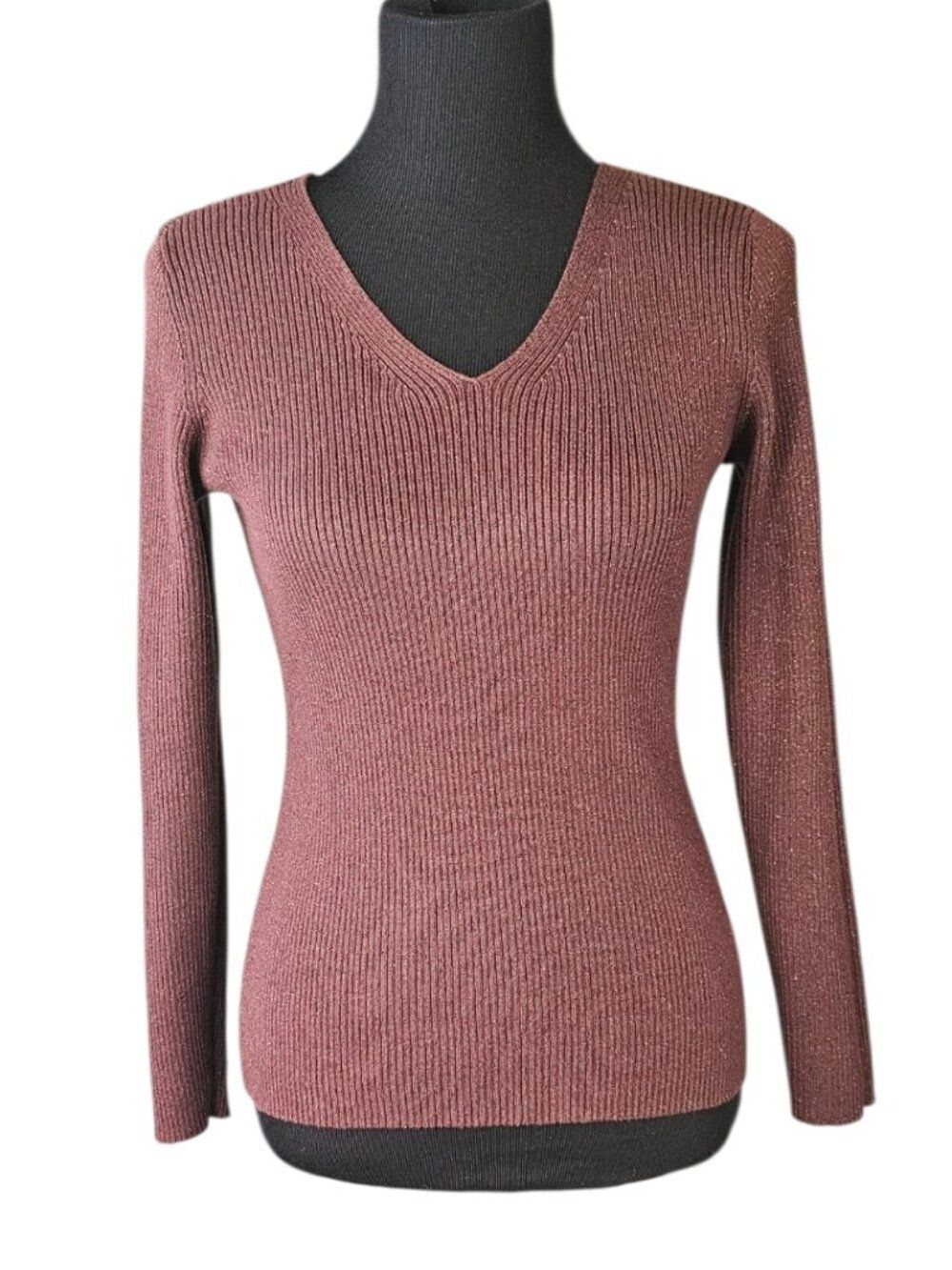 Vintage Casual Corner Burgundy Shimmer Ribbed Sweater Small 90s V-Neck
